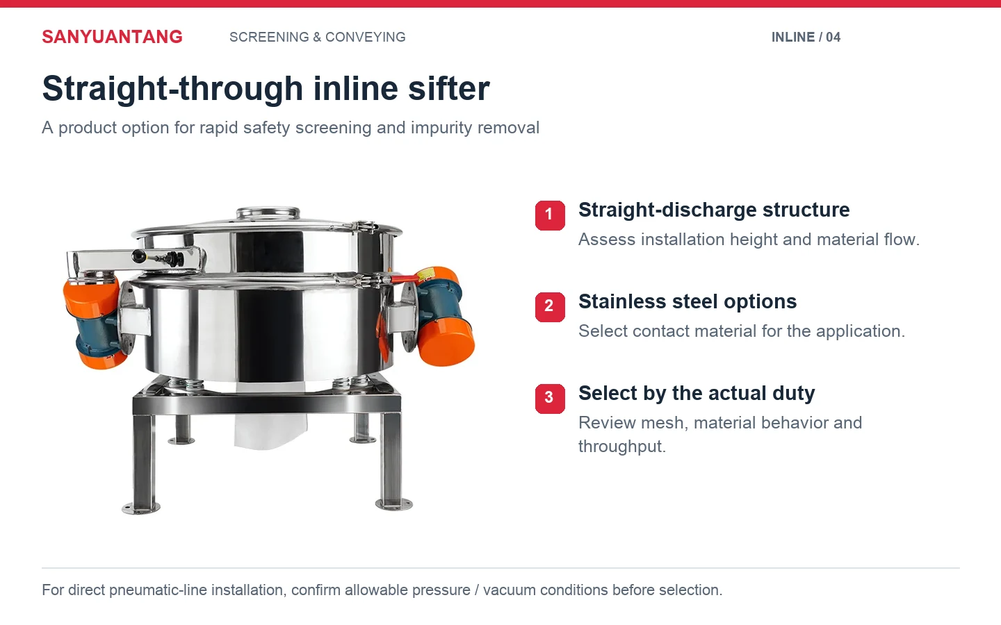 Sanyuantang straight-through inline vibratory sifter with stainless steel body and external vibration motors